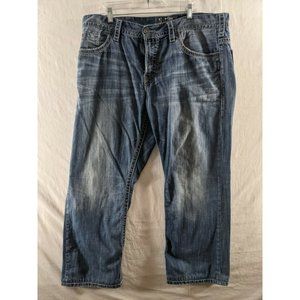 Silver Jeans Co Mens 38x32 Gordie Medium Wash Blue Jeans Thick Stitch Good Cond